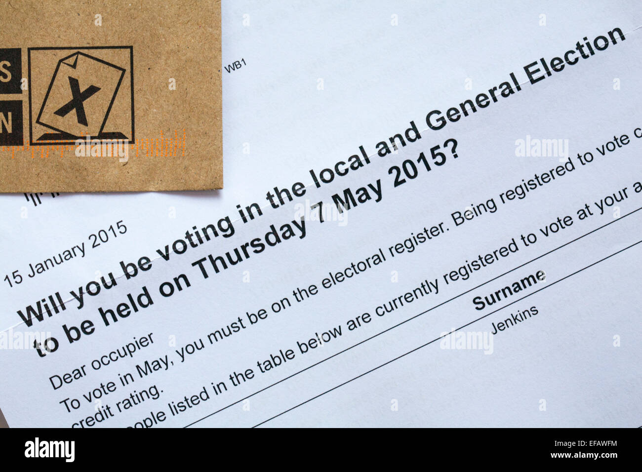 Will you be voting in the local and General Election to be held on Thursday 7 May 2015 - letter from Bournemouth Borough Council Stock Photo