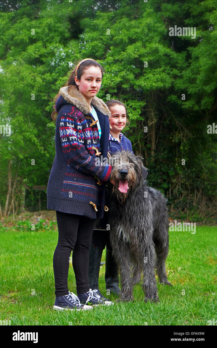 Two Sisters with their pet Irish Wolfhound in North County Dublin Ireland Stock Photo