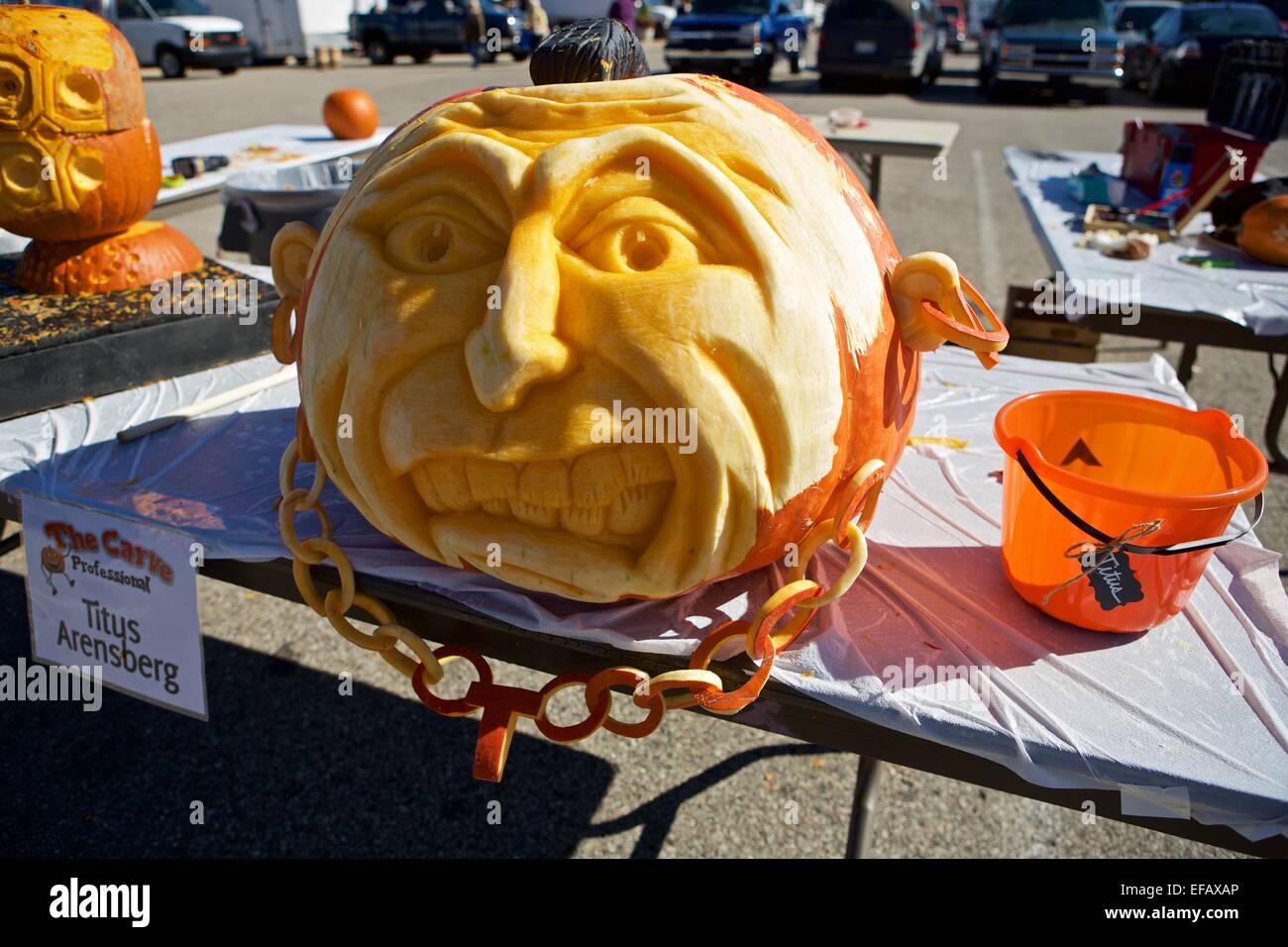 Pumpkin carved to look like Mr. T Stock Photo