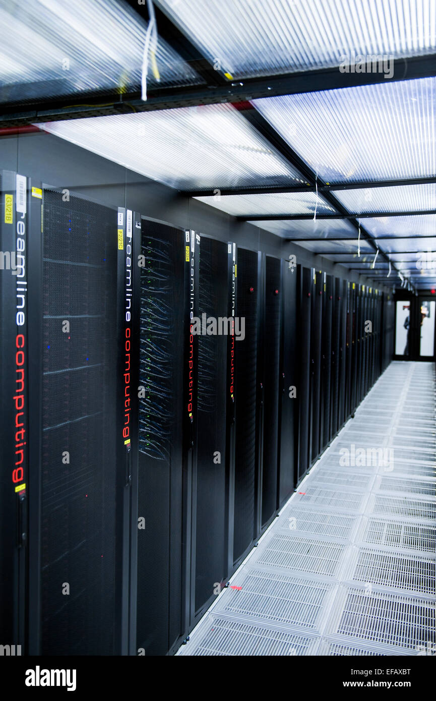 Banks of rack mounted computer servers at Rutherford Appleton Laboratories, Harwell, Oxfordshire, UK Stock Photo