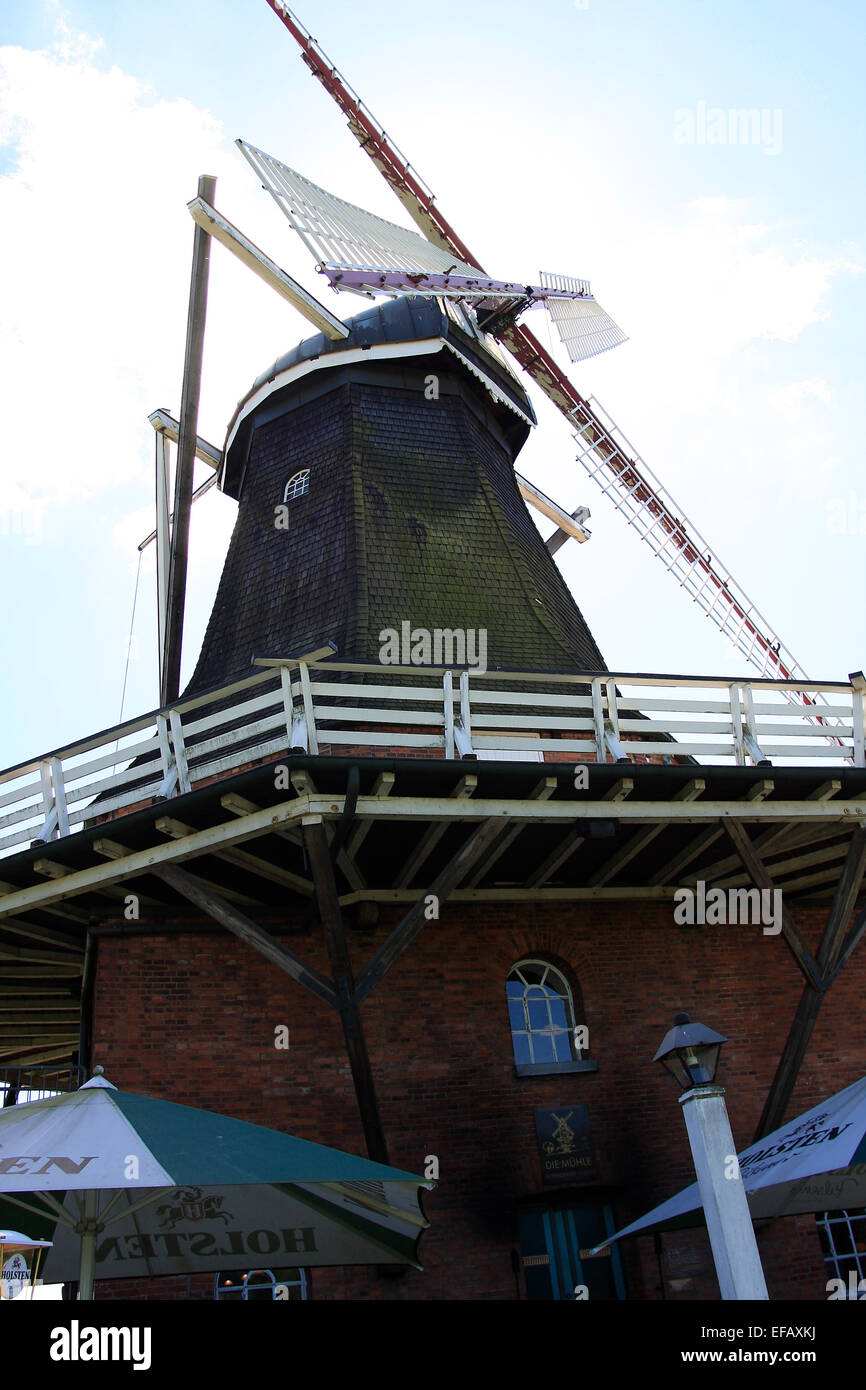 The windmill in Jork (Borstel) is a Dutch typicall gallery mill named 'Aurora'. It was built in 1856 in place of an earlier post mill. Photo: Klaus Nowottnick Date: May 23, 2009 Stock Photo