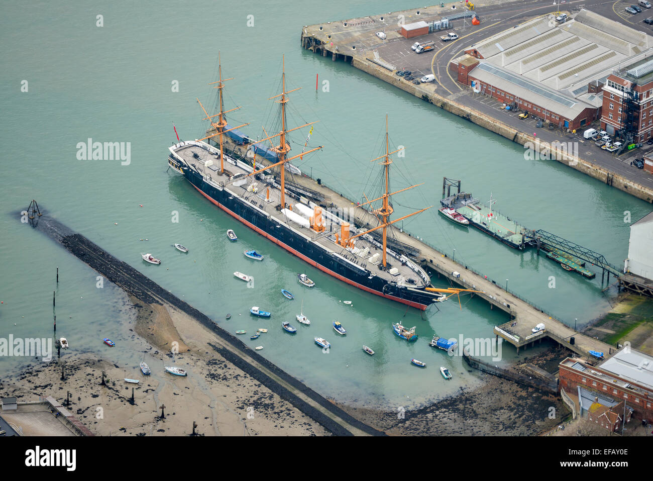 An aerial view of HMS Warrior. The first Royal Navy battleship made of Iron, now a museum ship in Portsmouth Stock Photo