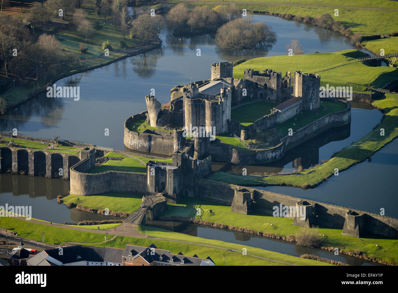 An aerial view of Caerphilly Castle, a partially ruined fortification, dating from the 13th Century Stock Photo