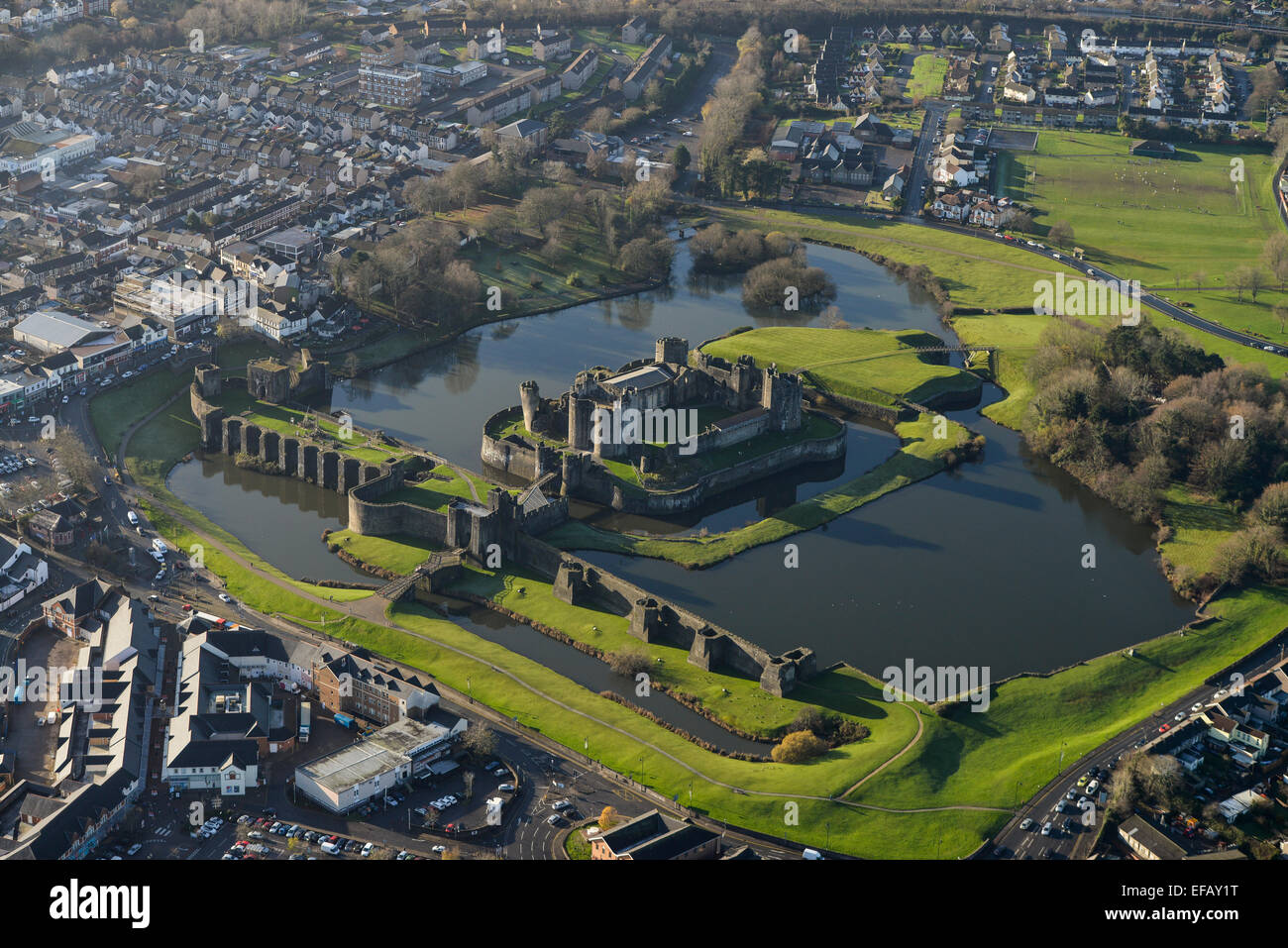 An aerial view of Caerphilly Castle, a partially ruined fortification