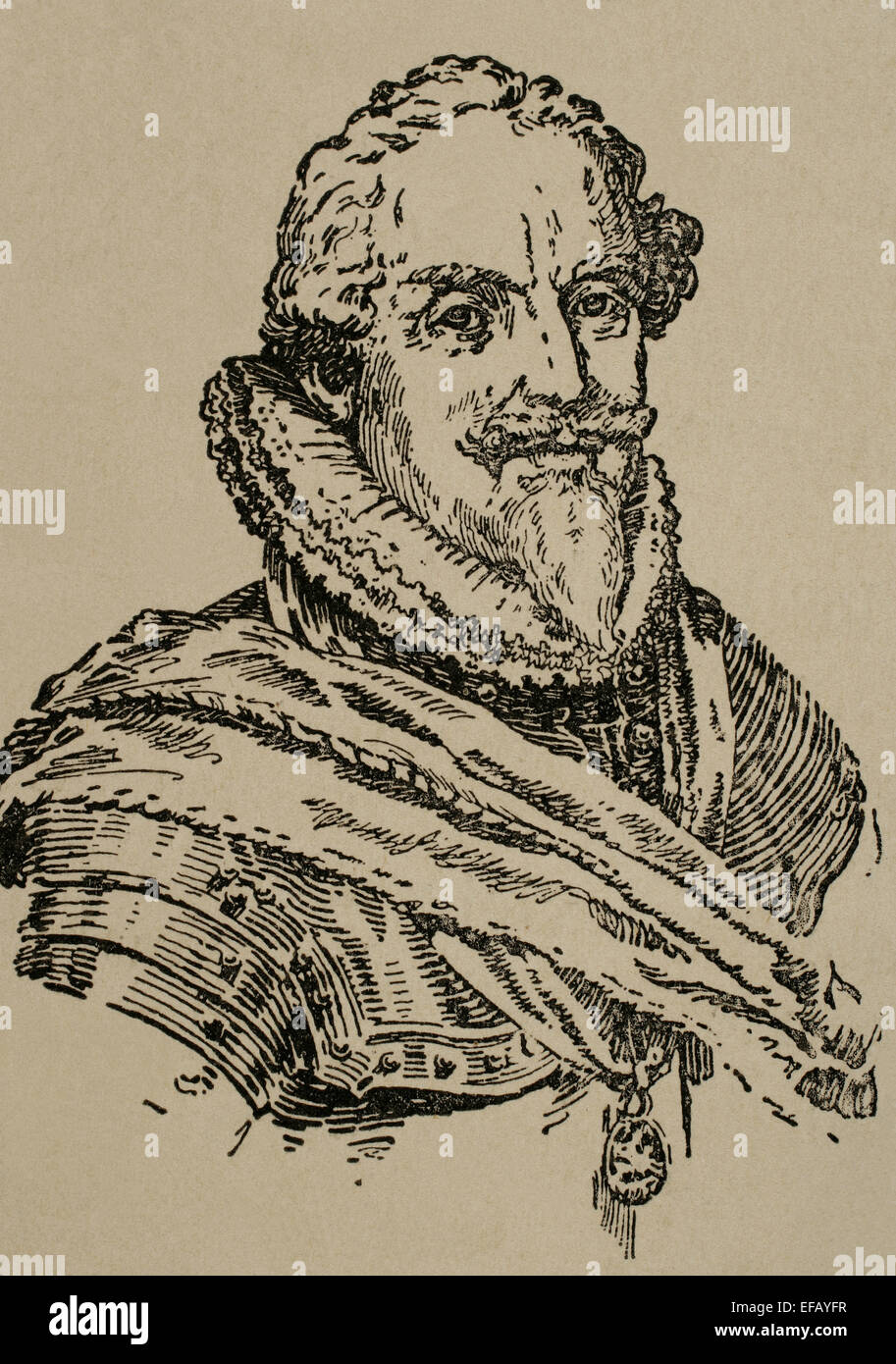 Maurice of Nassau (1567-1625). Prince of Orange from 1618 and stadtholder of the United Provinces of the Netherlands (except in the province of Friesland) from earliest 1585 until his death in 1625. Portrait in 'La Ilustracion Española y Americana'. Engraving, 1876. Stock Photo