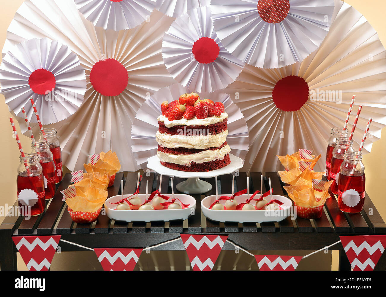 Valentine's Day party table with red velvet cake Stock Photo