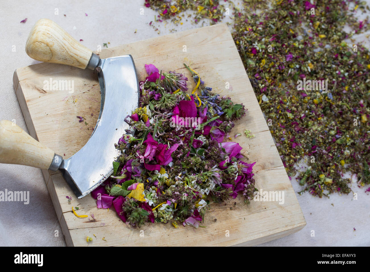 Blossoms, flowers, blooms, petals, mincing knife cradle, rocking tool, essbare Blüten, Blumen, Ernte, Wiegemesser, Messer Stock Photo