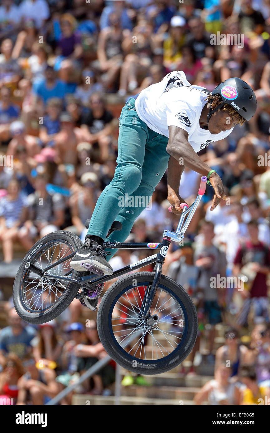 BARCELONA - JUN 28: A professional rider at the BMX (Bicycle motocross) Flatland competition at LKXA Extreme Sports. Stock Photo