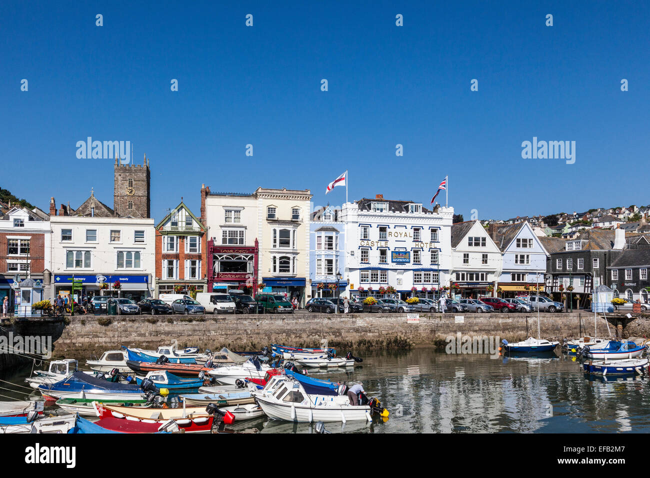 Dartmouth Boat Float showing "Royal Castle Hotel" & shops Stock Photo