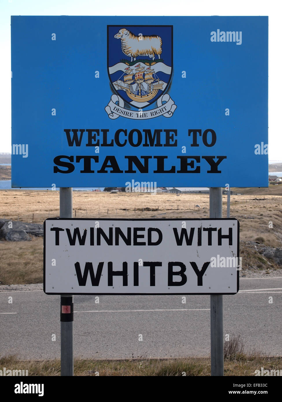 The welcome sign at Stanley, Falkland Islands, reminding that the town is twinned with Whitby in North Yorkshire, England Stock Photo