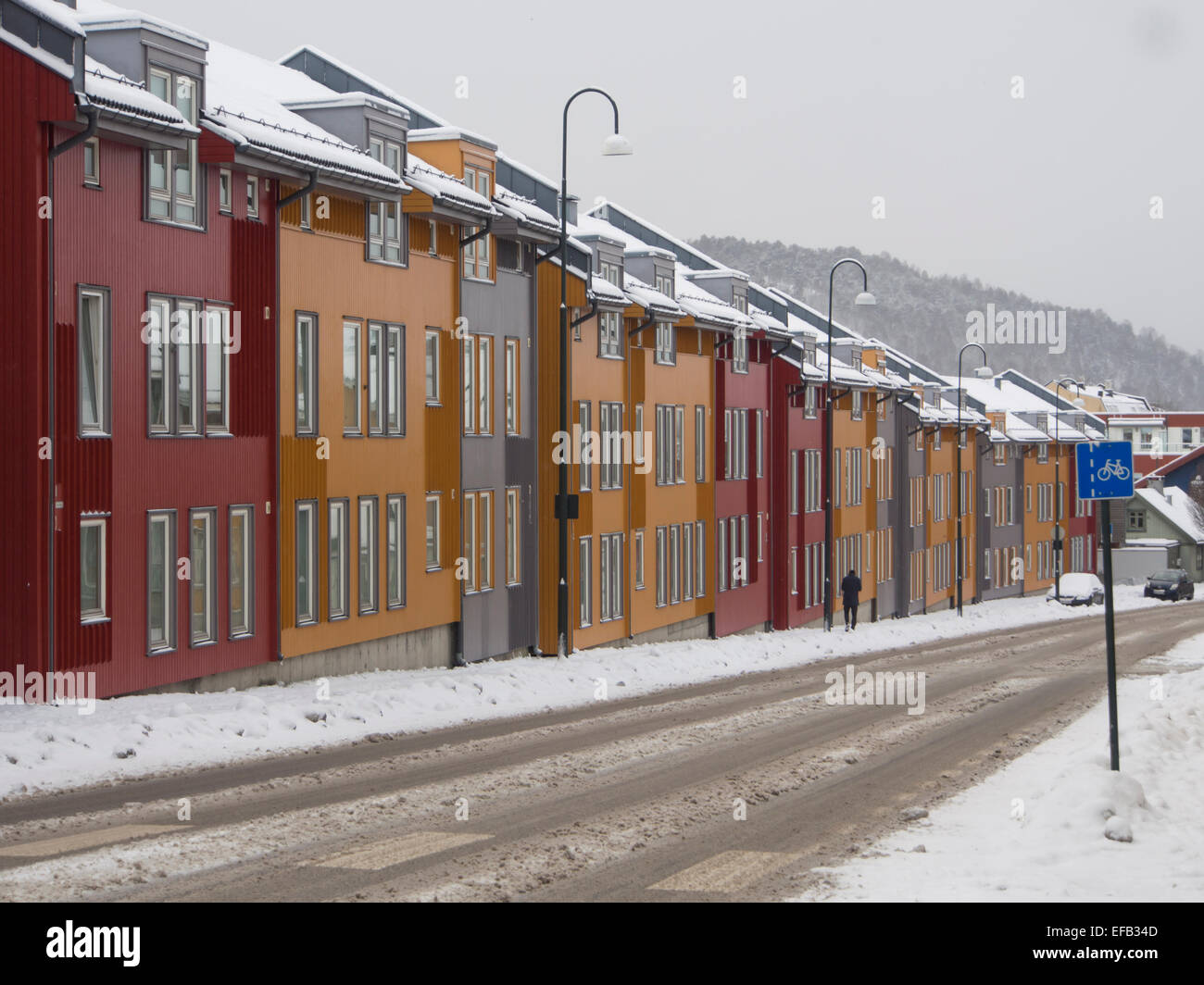 Winter in Oslo Norway, new apartment houses i traditional style, yellow and red, along Strømsveien ( Vålerenga / Etterstad) Stock Photo