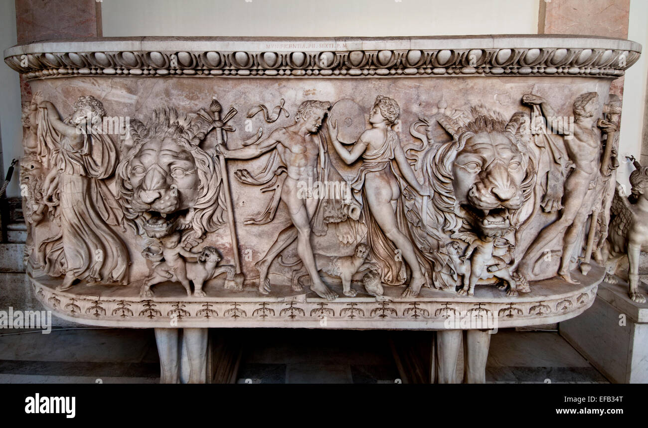 Marble sarcophagus traditional procession  Dionysus maenads satyrs and loves to overlapping panthers 150 AD Vatican Museum Rome Stock Photo