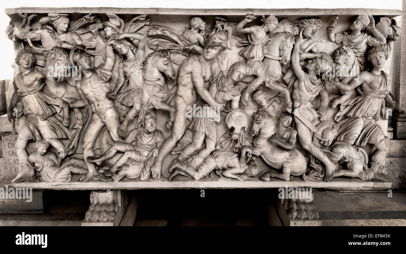 roman sarcophagus adorned with a relief representing the submission of the Sarmatians second century AD Vatican Museum Rome Stock Photo