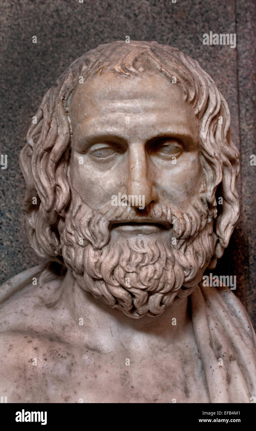 Bust of Euripides c. 480 – 406 BC great tragedian of classical Athens Marble, Roman copy after a Greek original from ca. 330 BC. ( Vatican Museum Rome Italy ) Stock Photo