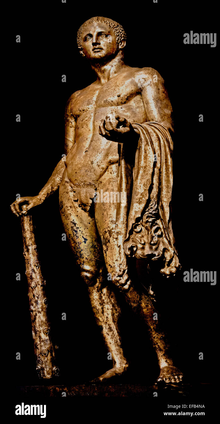 Heracles with club, lion skin and golden apples. The statue was found neatly buried under tiles with the inscription “FCS” (“fulgor conditum summanium”), indicating that it was struck by lightning then buried on the spot. Gilt bronze, Roman artwork of the 2nd century AD  ( Vatican Museum Rome Italy ) Stock Photo