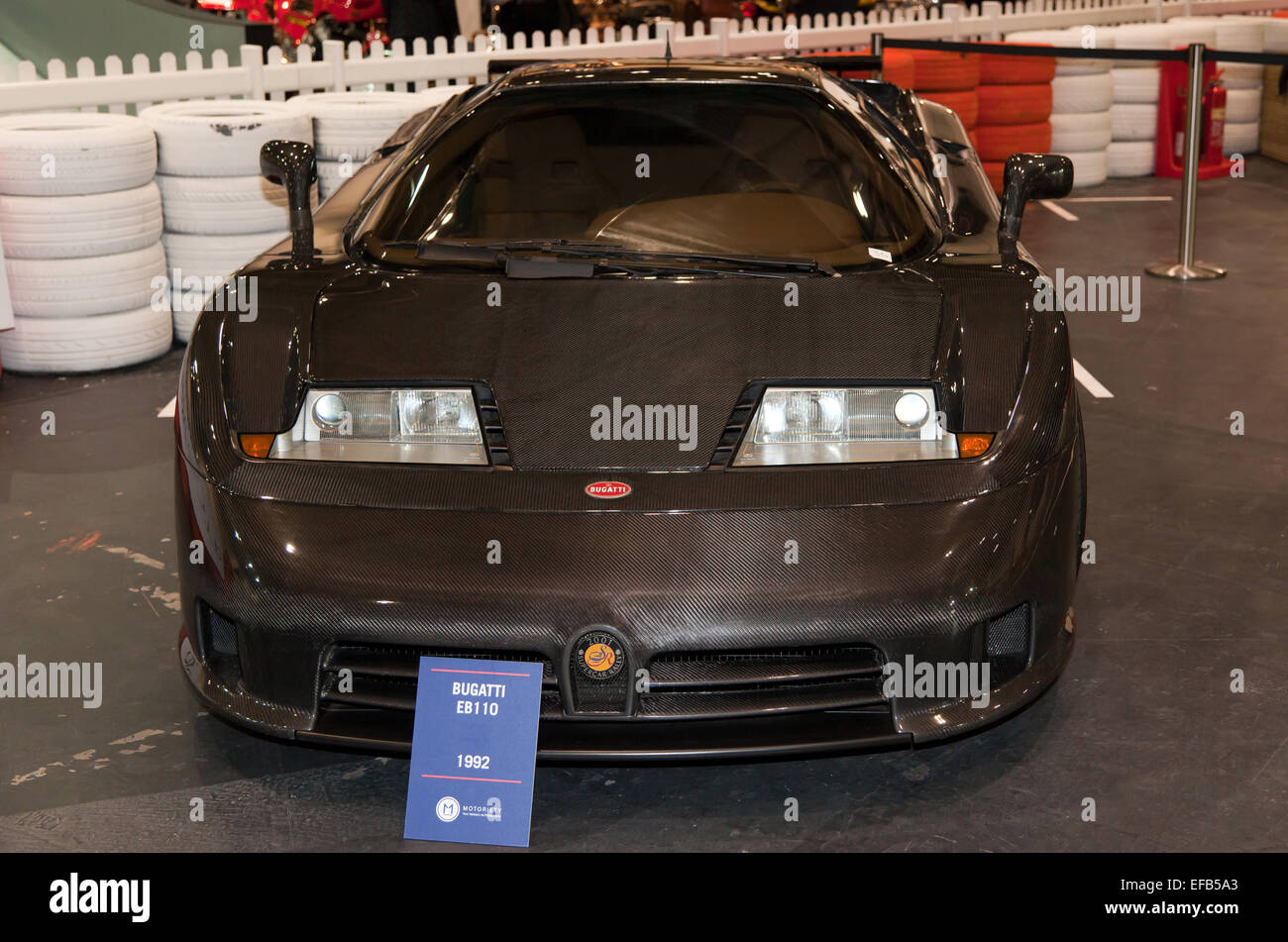 Front view of a very rare Bugatti EB110 on display at The London Classic Car Show Stock Photo