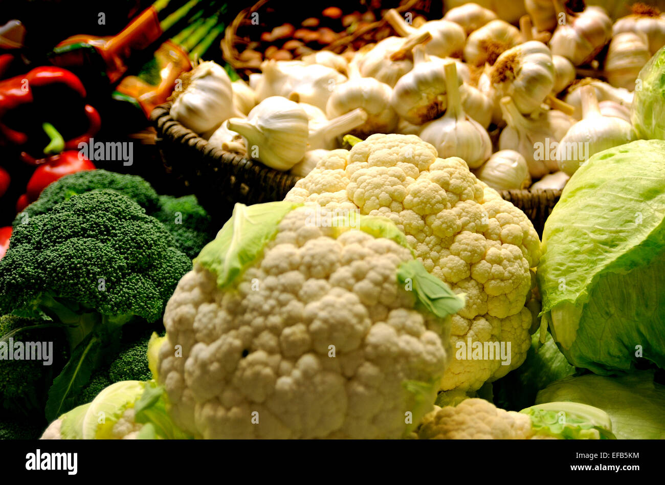 Garlic cauliflower indoor market Alicante Spain Stock Photo