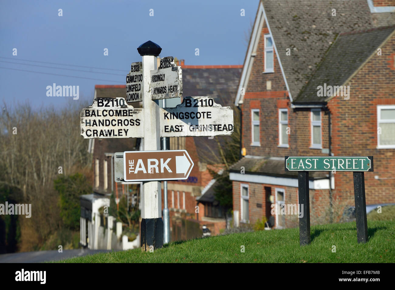 Old fashioned roadsigns. Turners Hill village. West Sussex. England. UK