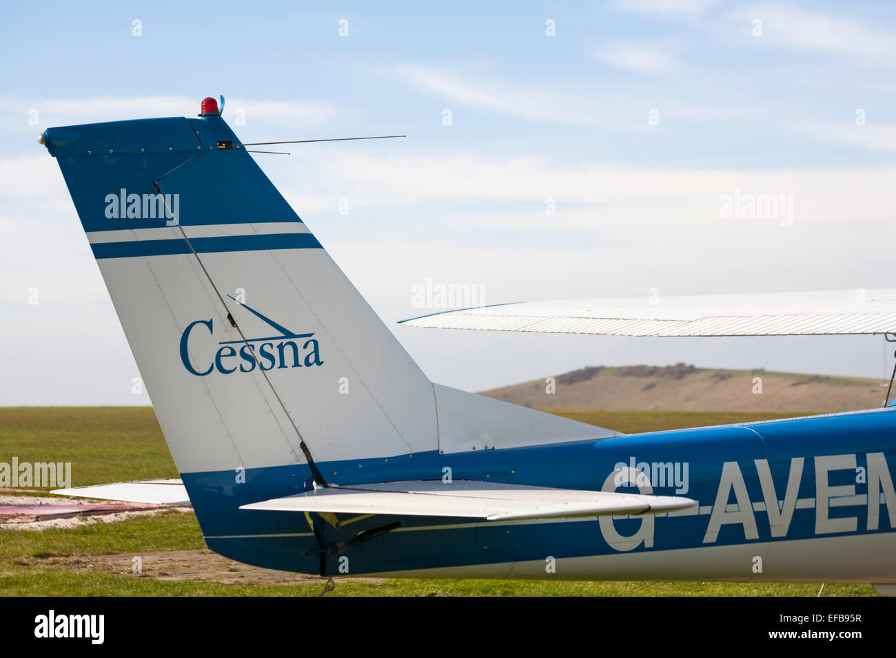Cessna tail plane on light aircraft at Compton Abbas airfield, Dorset in March Stock Photo