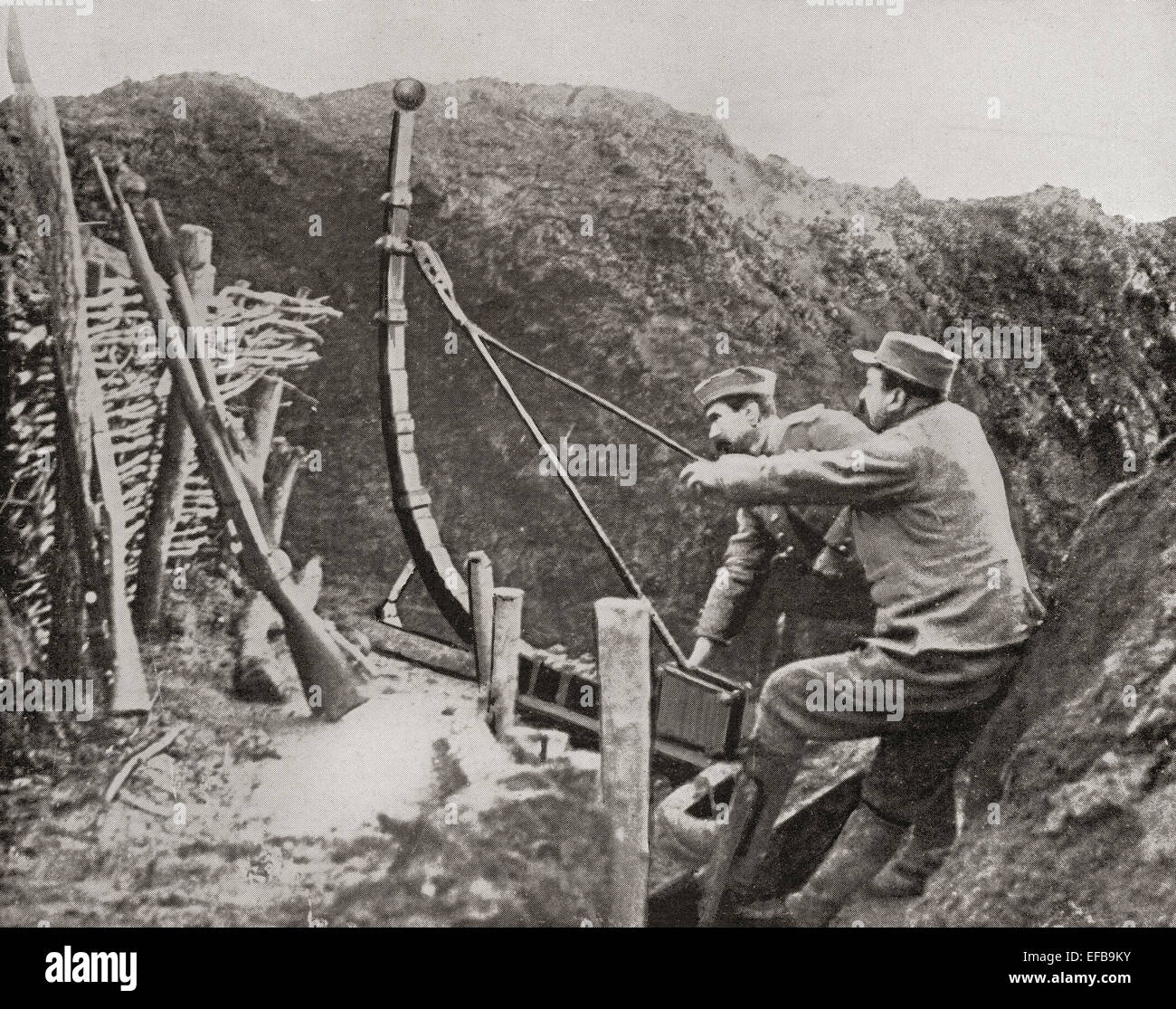 French soldiers using a catapult for flinging bombs during World War One. Stock Photo