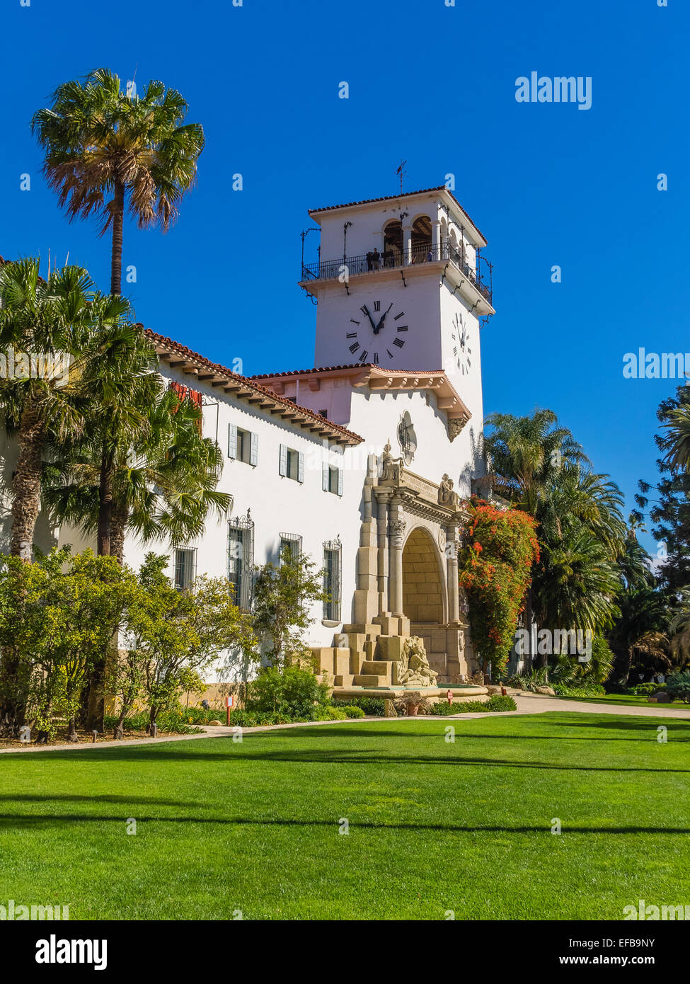 Santa Barbara County Courthouse is a historic landmark and a prime example of Spanish Colonial Revival architecture. Stock Photo