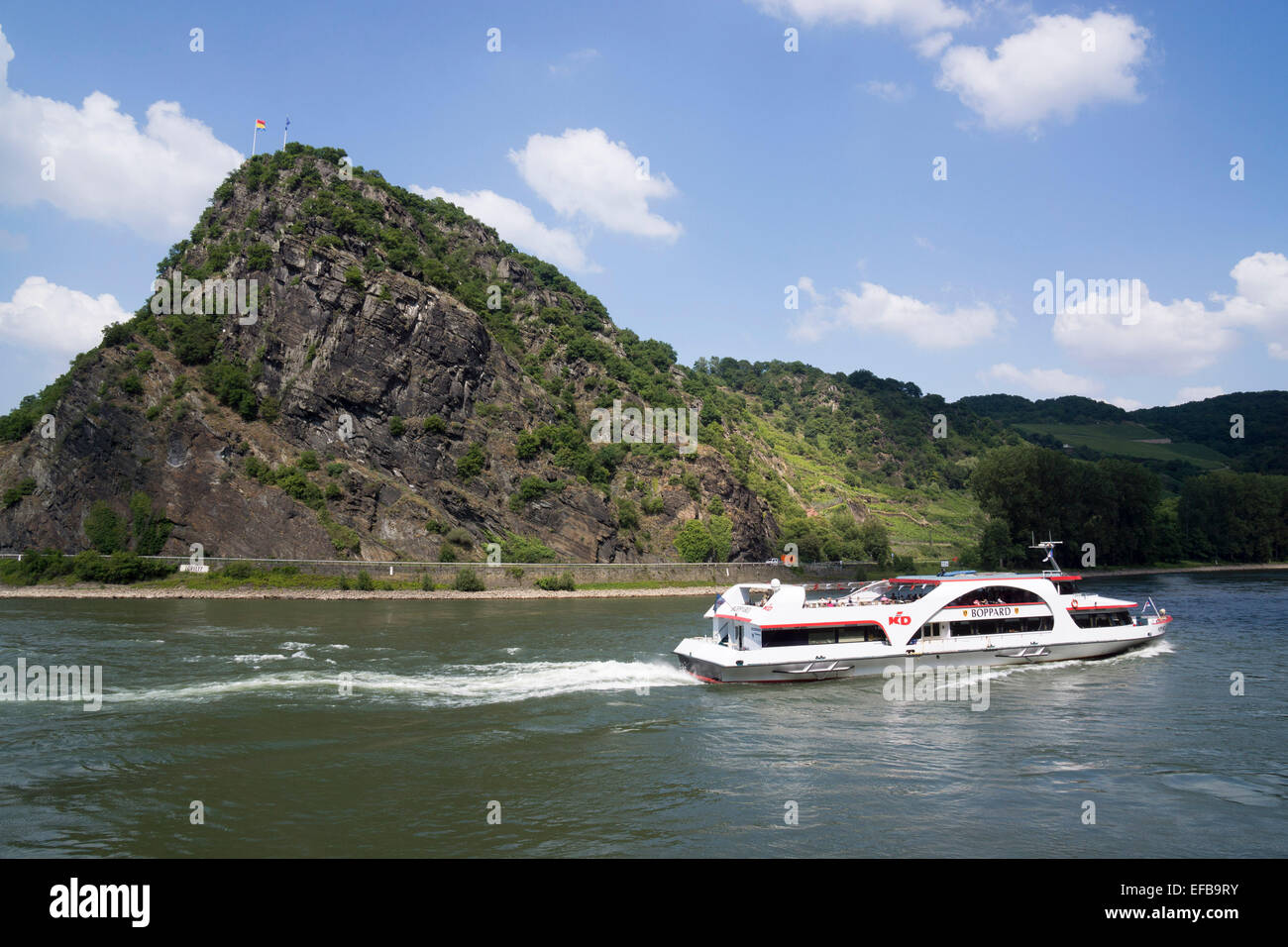 Passenger ship on the Rhine at the Lorelei rock, shale rock in the UNESCO World Heritage Upper Middle Rhine Valley near St. Goar, St. Goar, Germany, Europe - 2014 Stock Photo