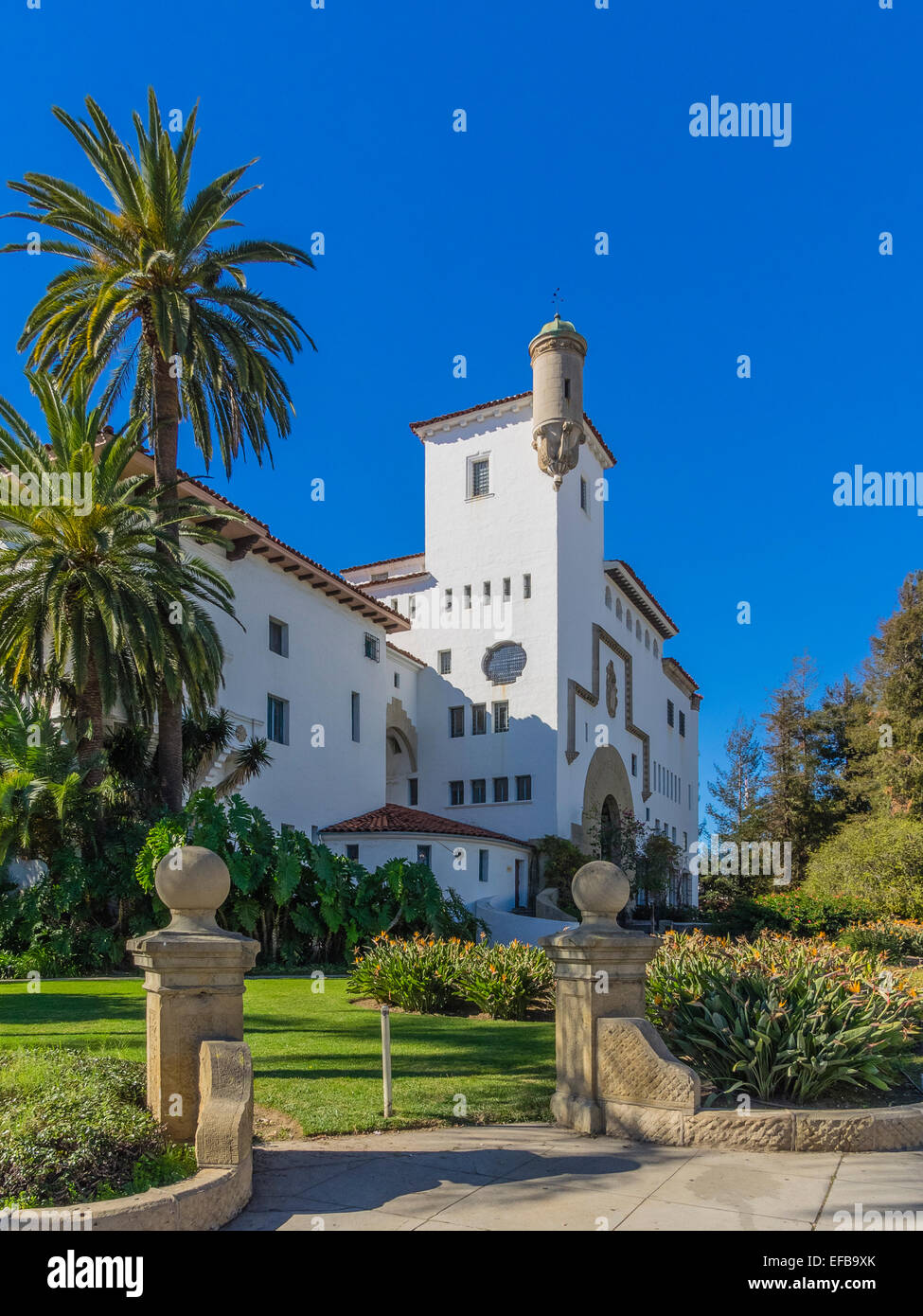 Santa Barbara County Courthouse is a historic landmark and a prime example of Spanish Colonial Revival architecture. Stock Photo