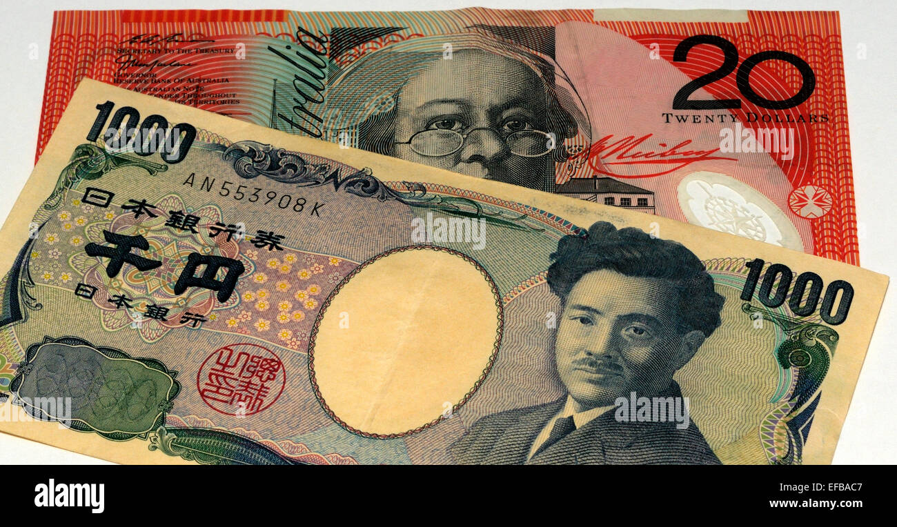 Australian Dollar and Japanese Yen Bank Notes Stock Photo