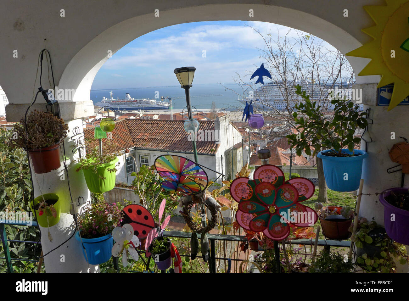 A view from a house in the Alfama district of Lisbon looking towards the Tagus river. Stock Photo