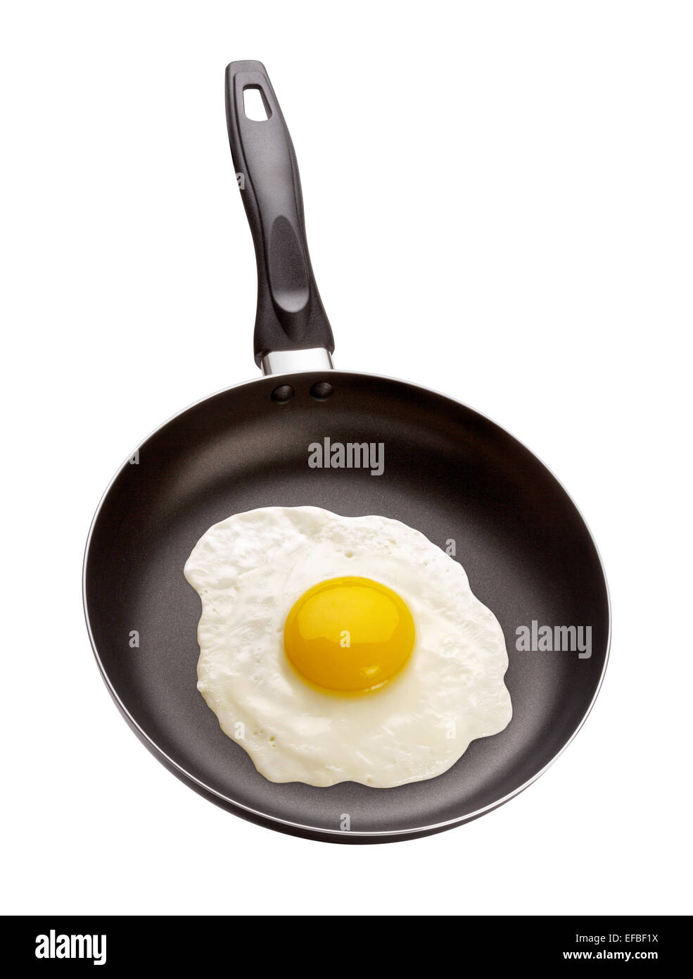 Fried Egg in a Pan isolated on white. The image is in full focus, front to back. Stock Photo