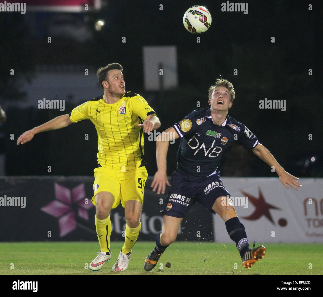 La Manga Club, Spain. 30th January, 2015. Copa X 2015 - Dinamo Zagreb (Croatia) 0 Stromgodset (Norway) 0.  Angelo Henriquez Iturra (Zagreb) and Marius Christopher Hoibraten (Stromgodset)  The Copa X 2015 is a tournament in southern Spain between Molde, Hammarby, Stromgodset, FC Vestjaelland, Lillestrom, Randers and Dinamo Zagreb. Credit:  Tony Henshaw/Alamy Live News Stock Photo