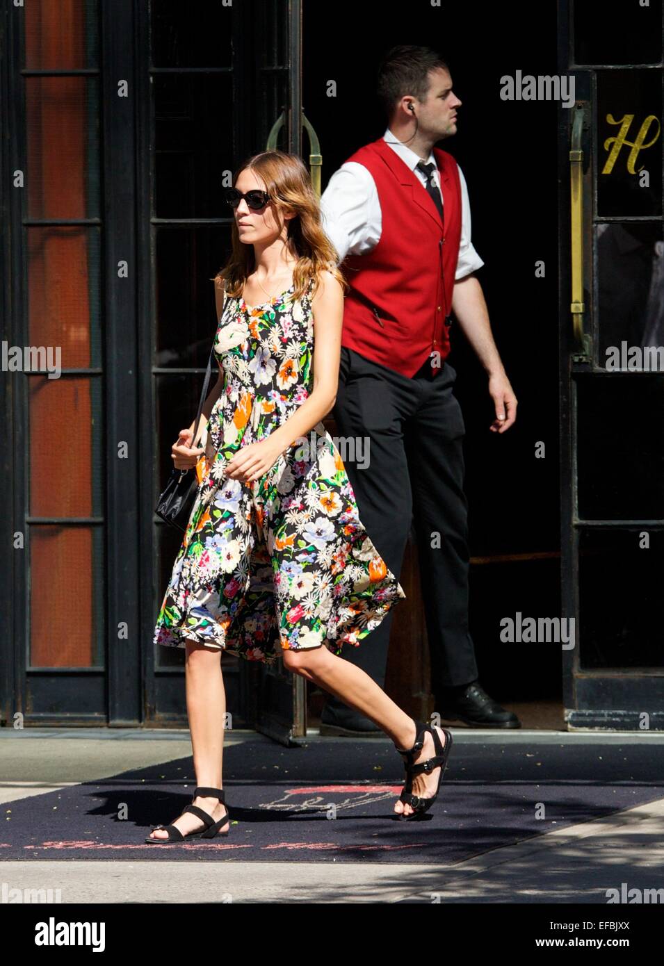 Alexa Chung seen wearing a floral knee length dress in the East Village  Featuring: Alexa Chung Where: New York City, New York, United States When: 28 Jul 2014 Stock Photo
