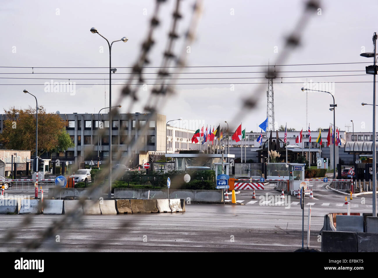 BRUSSELS, BELGIUM - OCTOBER 2014: Barbed wire in front of NATO Headquarters Stock Photo