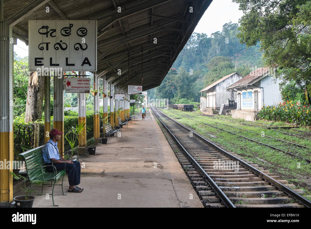 At town of Ella in Highlands of Sri Lanka.Railway station.Platform and track at quaint,old fashioned Ella train station. Stock Photo