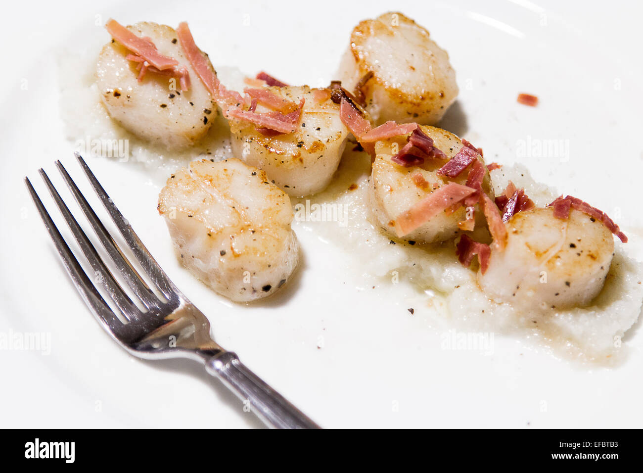 Six Seared Scallops with Fork, Parsnip Puree Stock Photo Alamy