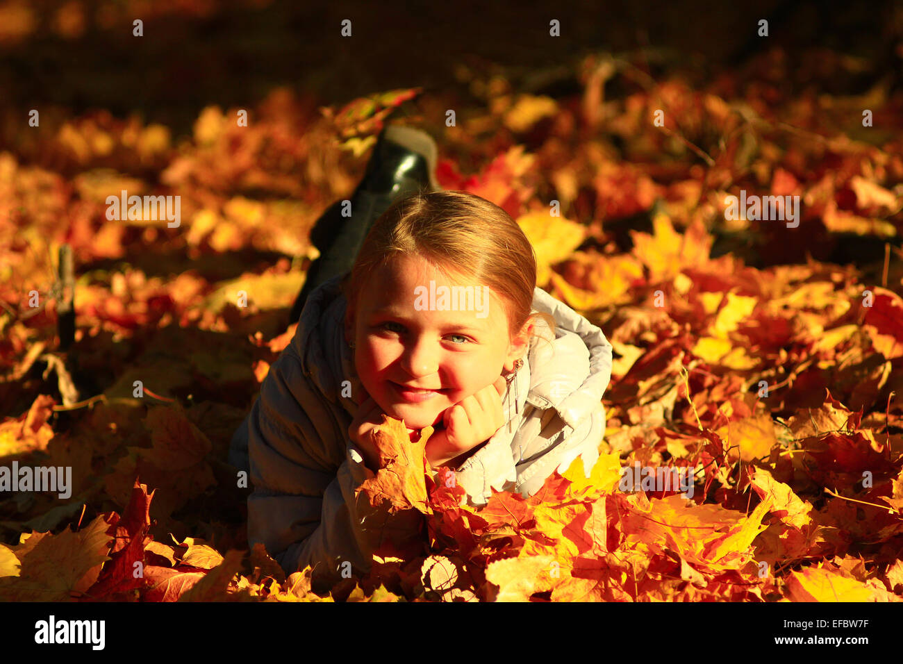little girl laying in yellow leaves in the autumn park Stock Photo - Alamy