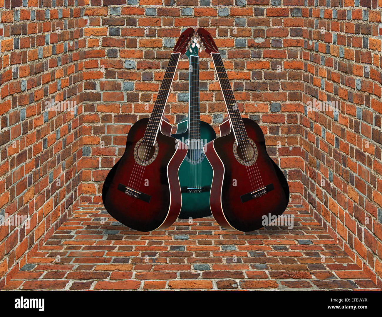 three guitars standing in the corner of the brick room Stock Photo Alamy