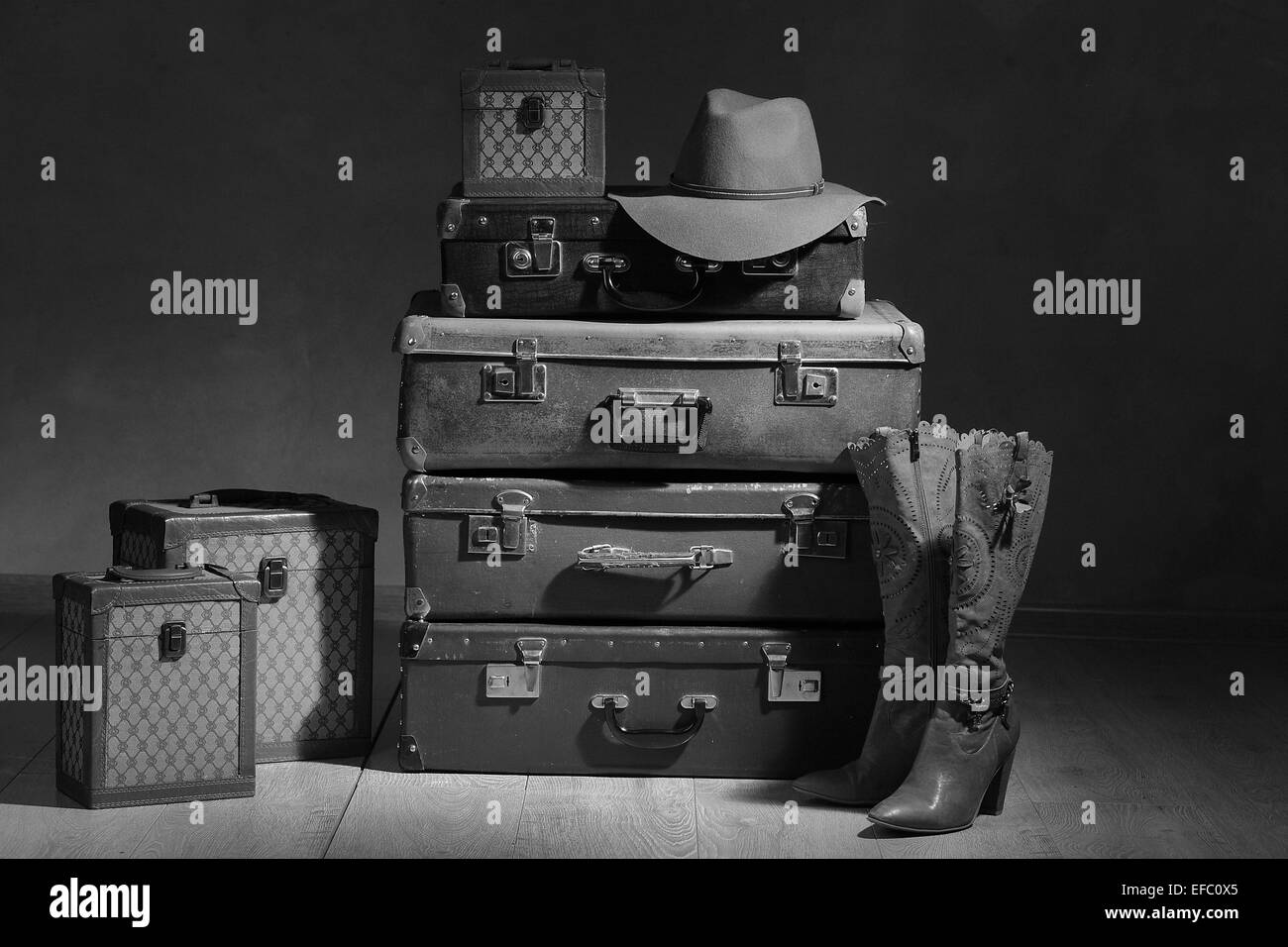 props, stuff, suitcase, bag, hat, rarity, antique, pipe Stock Photo