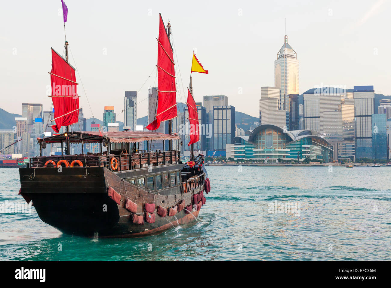 Hong Kong skylines and junk boat Stock Photo