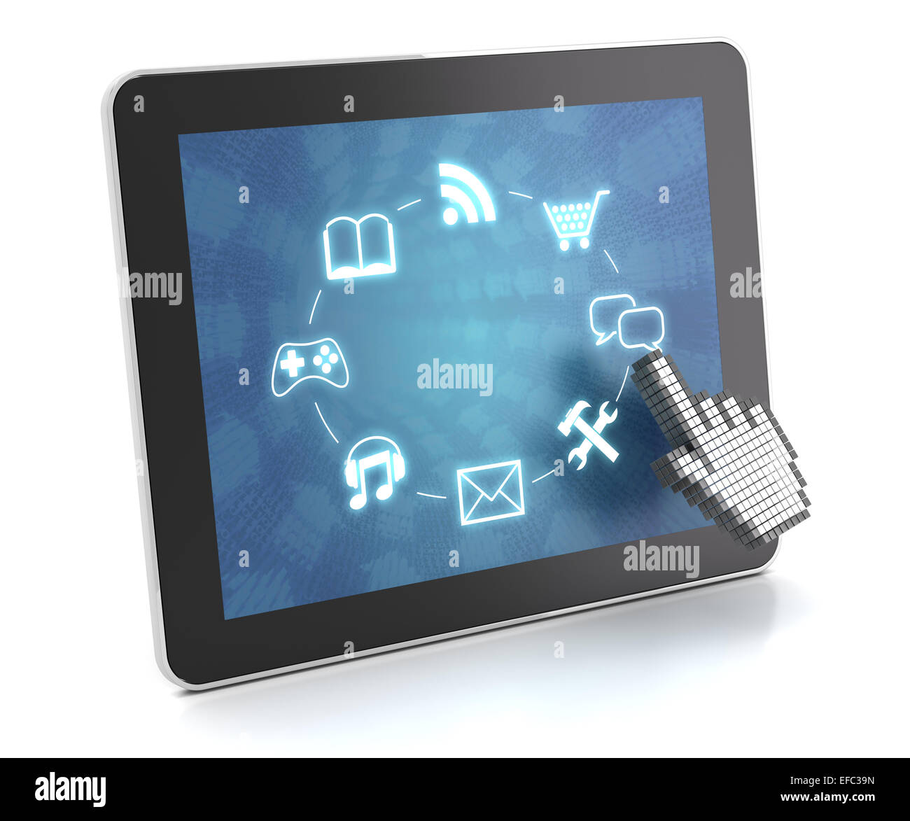 Clicking on a tablet with touchscreen interface, 3d render Stock Photo