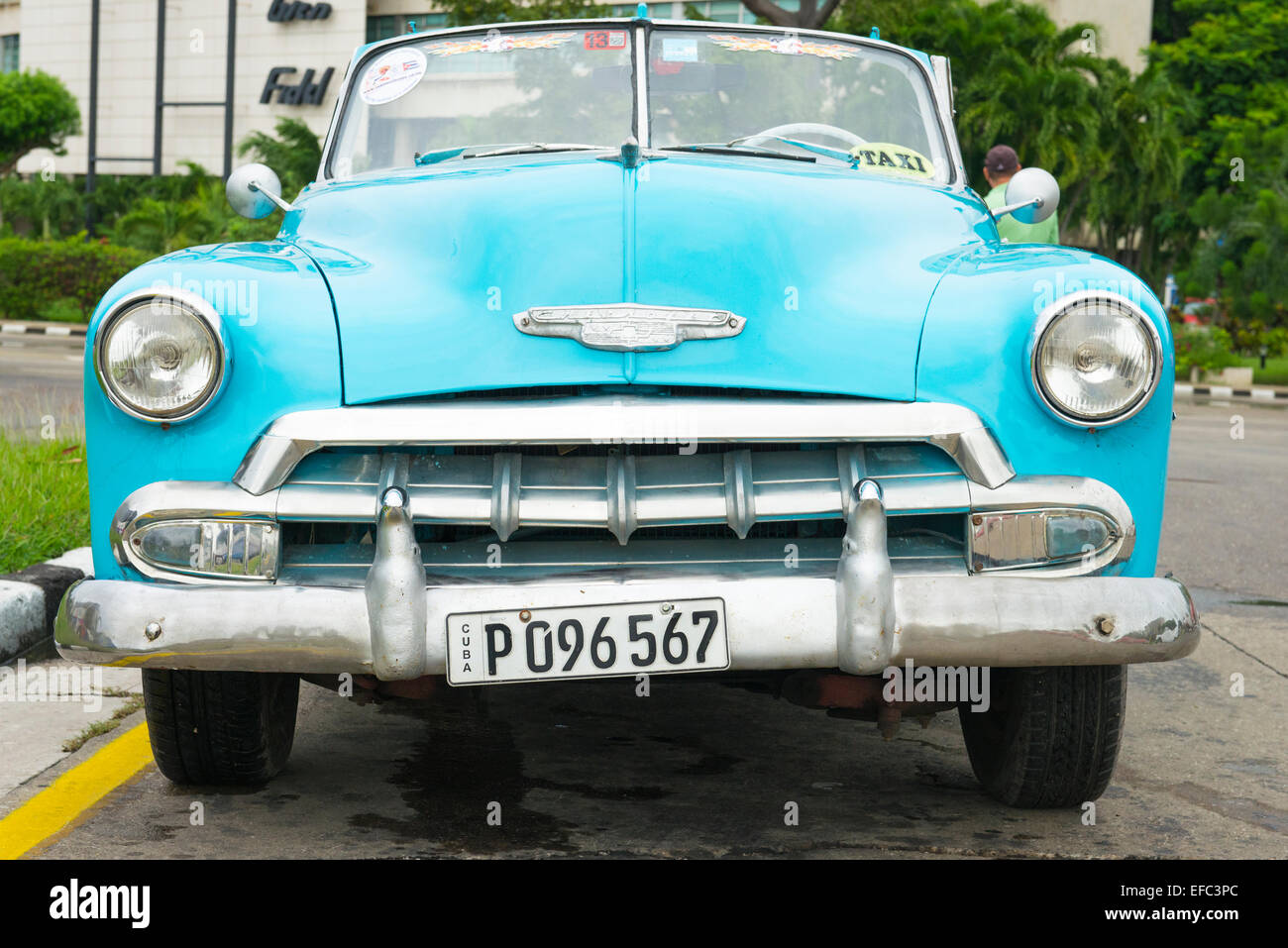 Cuba Havana Habana Nuevo Vedado Plaza de la Revolucion Revolution old classic vintage 1950's American car bright blue Chevrolet Stock Photo