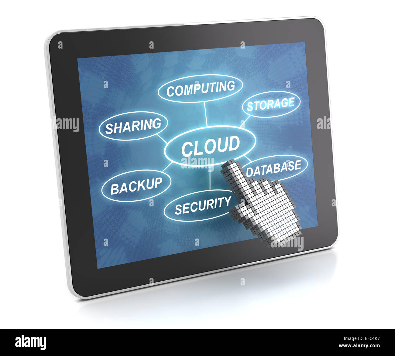 Clicking on a tablet with words related to cloud technology, Stock Photo
