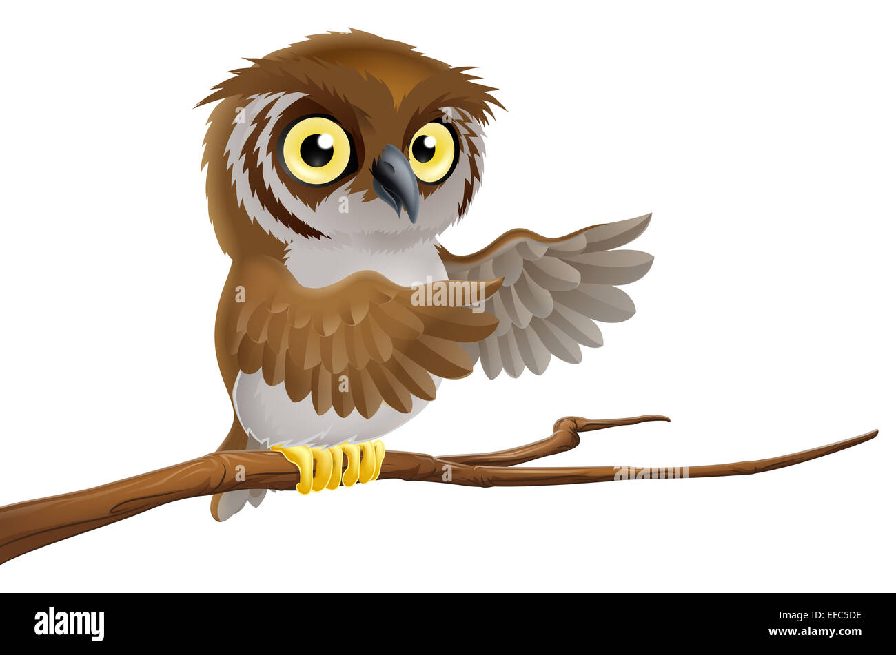 An illustration of a cartoon owl on a tree branch pointing with its wing Stock Photo