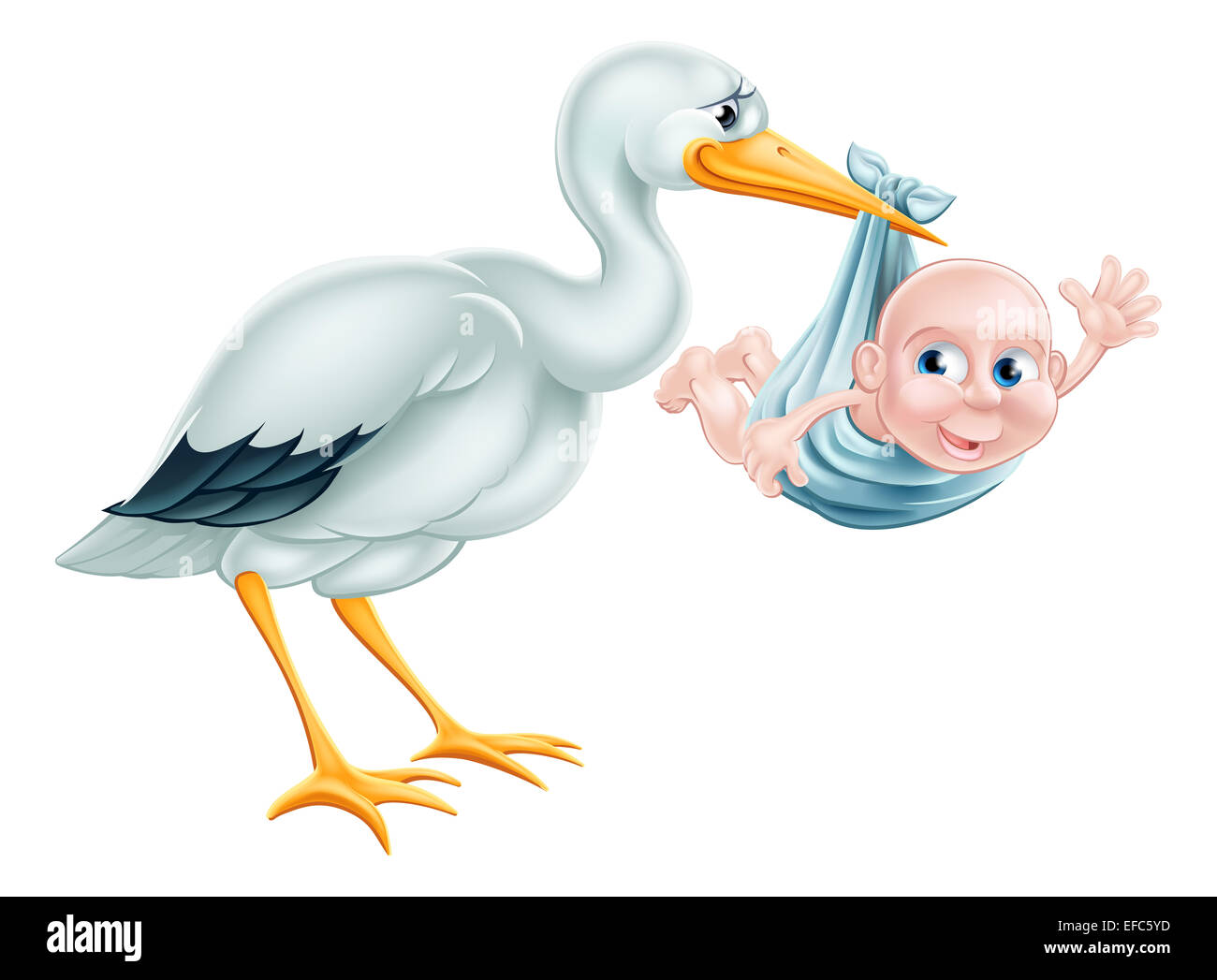An illustration of a cartoon stork holding a newborn baby. Classic metaphor for pregnancy or child birth. Stock Photo