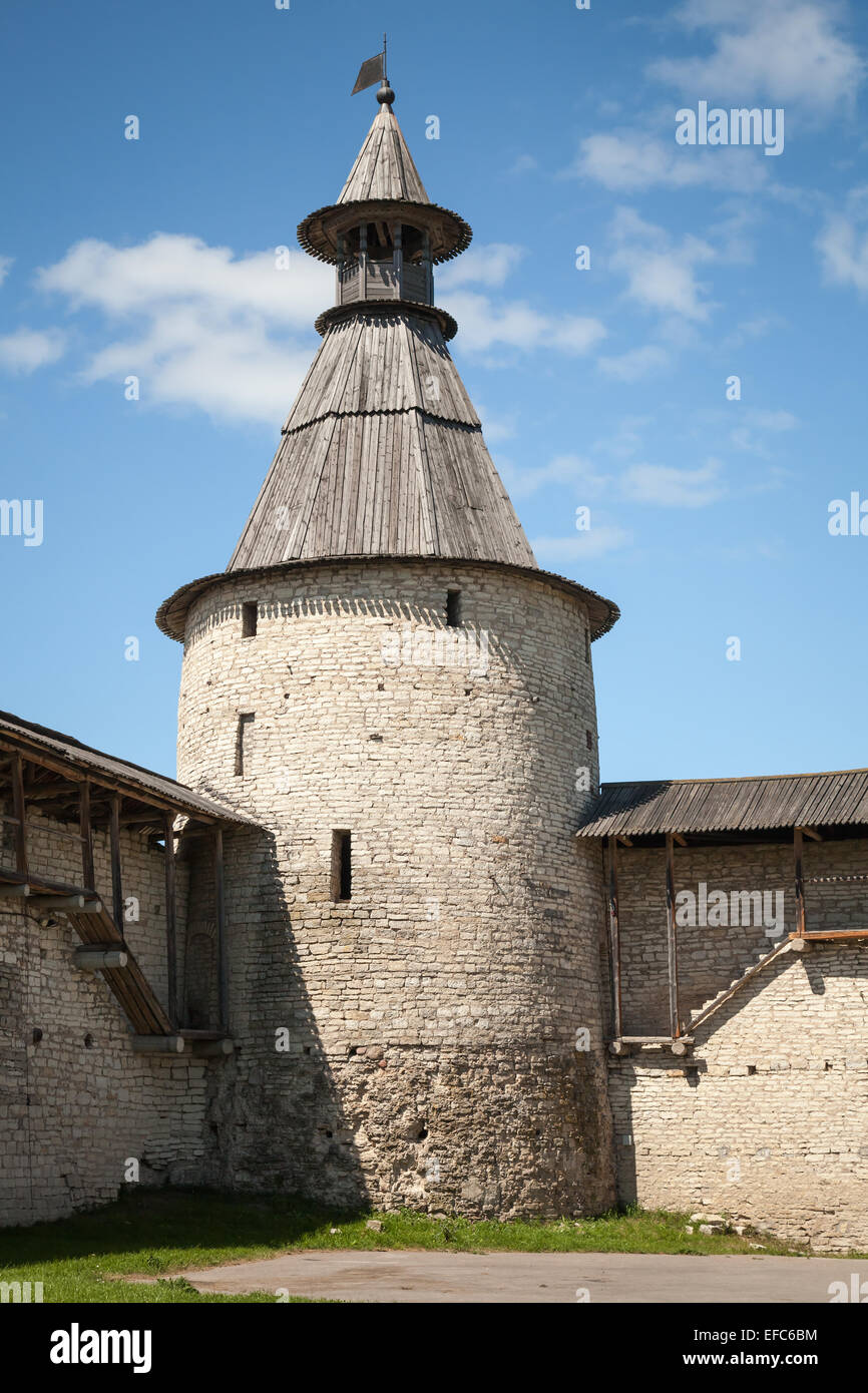 Classical Russian ancient architecture. Stone tower of old fortress. Kremlin of Pskov, Russian Federation Stock Photo