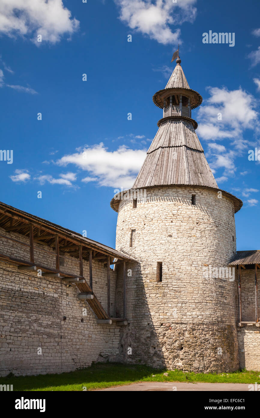 Classical Russian ancient architecture. Stone tower of old fortress. Kremlin of Pskov, Russia Stock Photo