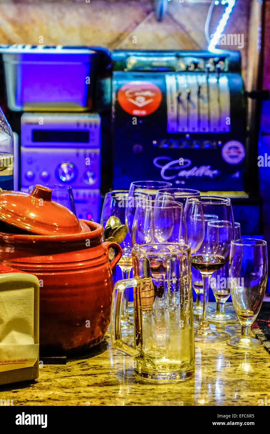 Old cash register in tapas bar with drinks glasses, Benidorm, Costa
