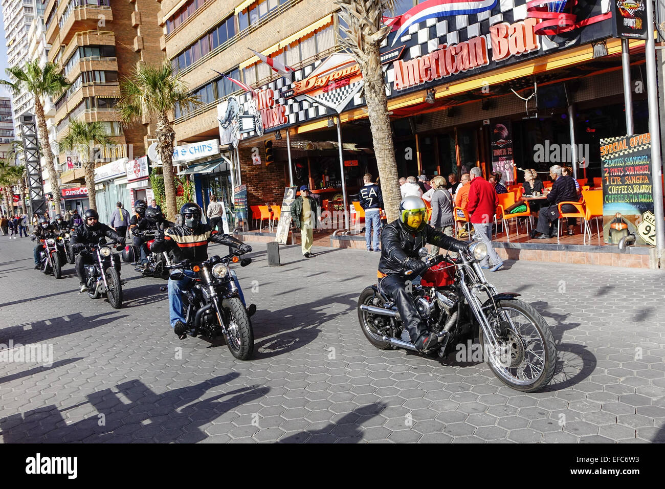 Bikers outside Heartbreak Hotel Bar, Benidorm, Costa Blanca, Spain Stock Photo