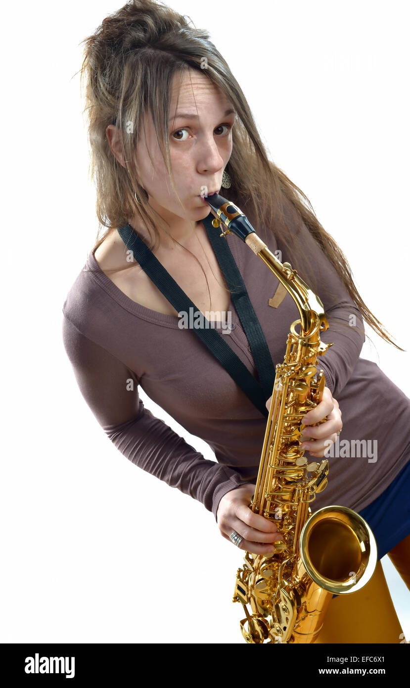 Tir Intégral D'un Jeune Femme Jouant Un Saxophoniste Sax Photo stock -  Image du instrument, isolement: 192685730