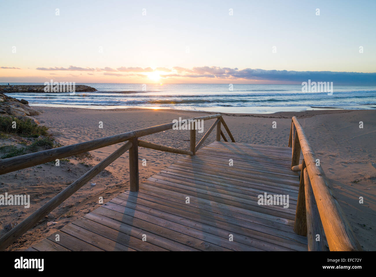 Sunrise on scenic Guardamar beach, Costa Blanca, Spain Stock Photo
